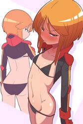  absurdres bikini black_bikini black_bodysuit blush bodysuit bright_pupils embarrassed female flat_chest from_above gundam gundam_zz hair_between_eyes highres looking_at_viewer multiple_views navel normal_suit onimaru_(onimal7802) orange_hair pilot_suit purple_eyes puru_two shadow short_hair swimsuit white_pupils 