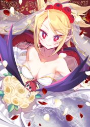  1boy adell_(disgaea) bare_shoulders blonde_hair blush bouquet breasts bridal_veil bride cleavage commentary_request demon_girl demon_wings disgaea dress female flower hair_flower hair_ornament highres holding holding_bouquet large_breasts looking_at_viewer makai_senki_disgaea_2 mini_person miniboy negi_(ulog&#039;be) petals pointy_ears red_eyes red_flower red_rose rose rose_petals rozalin smile strapless strapless_dress veil wedding_dress white_dress wings yellow_flower yellow_rose 