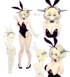  absurdres animal_ears ass blonde_hair blue_eyes bow bowtie breasts cleavage colorado_(kancolle) commentary_request commission cowboy_shot detached_collar female fishnets headgear highres kantai_collection kiyama_satoshi large_breasts leotard looking_at_viewer multiple_views playboy_bunny purple_leotard rabbit_ears rabbit_tail red_bow red_bowtie short_hair side-tie_leotard simple_background skeb_commission smile standing strapless strapless_leotard tail upper_body white_background white_footwear white_leotard wrist_cuffs 