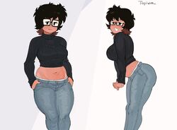  artist_name black_hair black_sweater breasts brown_hair crop_top cropped_sweater denim feet_out_of_frame female glasses grey_pants hands_in_pockets highres jeans large_breasts long_sleeves medium_hair midriff multicolored_hair multiple_views navel nia_(topium) original pants rectangular_eyewear semi-rimless_eyewear sweater topium two-tone_hair under-rim_eyewear 