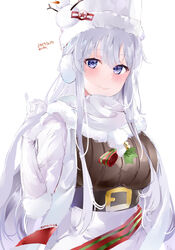  absurdres azur_lane belt black_belt blue_eyes blush breasts character_name closed_mouth dated earmuffs enterprise_(azur_lane) enterprise_(reindeer_master)_(azur_lane) female gloves grey_hair hand_up highres large_belt large_breasts looking_at_viewer mile_(off8mile) simple_background skirt smile solo white_background white_gloves white_skirt 