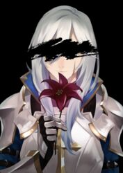  1boy armor black_background censored flower hair_between_eyes holding holding_flower identity_censor kamchatka_lily knight kogai_aki lily_(flower) long_hair male_focus original parted_lips pauldrons purple_flower red_flower scar scar_on_face shoulder_armor simple_background solo upper_body vambraces white_hair 