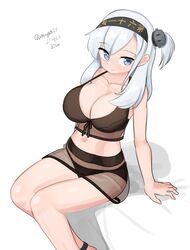  absurdres bikini black_bikini breasts cleavage clothes_writing feet_out_of_frame female front-tie_bikini_top front-tie_top grey_eyes grey_hair hair_between_eyes headband highres kantai_collection large_breasts long_hair looking_at_viewer maru_(marg0613) official_alternate_costume one-hour_drawing_challenge one_side_up see-through see-through_skirt simple_background sitting skirt solo suzutsuki_(kancolle) suzutsuki_(swimsuit_mode)_(kancolle) swimsuit white_background 