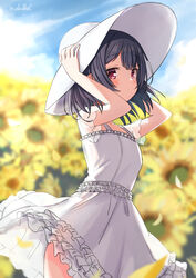  arms_up black_hair blurry blurry_background blush closed_mouth commentary day depth_of_field dress eluthel female flower frilled_dress frills hat highres idolmaster idolmaster_shiny_colors morino_rinze outdoors petals red_eyes see-through see-through_sleeves short_sleeves solo standing sun_hat sundress sunflower twitter_username white_dress white_hat yellow_flower 