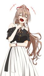  +++ :d ^_^ bare_shoulders black_shirt brown_hair buttons closed_eyes commentary_request female furen_e_lustario furen_e_lustario_(2nd_costume) hair_ribbon high_ponytail highres homura_minori laughing long_hair long_sleeves neck_ribbon nijisanji off-shoulder_shirt off_shoulder open_mouth red_ribbon ribbon shirt short_sleeves skirt smile solo very_long_hair virtual_youtuber watch white_skirt wristwatch 