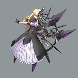  black_dress black_gloves blonde_hair claw_(weapon) closed_mouth commentary dress female frilled_dress frilled_gloves frills gloves grey_background long_hair mecha_musume mechanical_arms neck_ribbon original painttool_sai_(medium) purple_eyes purple_ribbon ramuya_(lamb) ribbon simple_background single_mechanical_arm solo weapon 