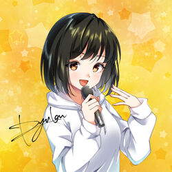  abstract_background black_hair brown_eyes commission female hand_up holding holding_microphone hood hood_down hoodie looking_at_viewer microphone open_mouth original ryuka short_hair signature solo star_(symbol) upper_body 