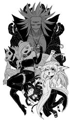  2girls 4boys :&lt; :d black_horns breasts brother_and_sister byakuren_(mazohana) cigarette clenched_hand closed_mouth crown_(mazohana) demon_boy demon_girl demon_horns fang_out fangs greyscale highres horns kewpie_(mazohaha) kokuren_(mazohana) mask medium_breasts mokugyo_(mazohana) monochrome multiple_boys multiple_girls musuko_ga_kawaikute_shikatanai_mazoku_no_hahaoya oerba_yun_fang open_mouth sharp_teeth siblings simple_background skull skull_mask smile teeth white_background zyugoya 