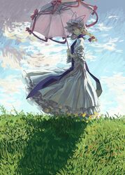  absurdres blonde_hair blue_tabard bow claude_monet_(style) cloud cloudy_sky commentary dress female fine_art_parody frilled_dress frills grasslands hairbow hat highres holding holding_umbrella looking_at_viewer medium_hair mob_cap outdoors parasol parody pink_umbrella puffy_short_sleeves puffy_sleeves purple_eyes red_bow red_ribbon ribbon short_sleeves sky smile solo tabard three_quarter_view togeppoi touhou umbrella white_dress woman_with_a_parasol yakumo_yukari 