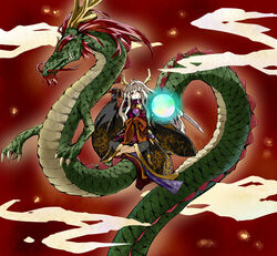  ahoge black_gloves claws cloud commentary dragon dragon_horns female floating floral_print gem gloves glowing half-closed_eyes holding holding_sword holding_weapon horns japanese_clothes long_hair original over_shoulder parted_lips ramuya_(lamb) red_eyes sitting slit_pupils sword sword_over_shoulder weapon weapon_over_shoulder white_hair yellow_eyes 