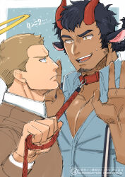  2boys all_saints_street animal_collar animal_ears bara black_hair blonde_hair blue_background blue_eyes border braid braided_ponytail collar dark-skinned_male dark_skin demon_horns facial_hair goat_ears goatee halo harada_(basashi) highres holding holding_leash horns leash leash_pull lynn_angel male_focus multiple_boys nick_holt pectoral_cleavage pectorals short_hair suspenders traditional_halo twitter_username upper_body yellow_eyes 