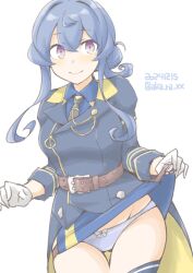  akara_kai belt blue_eyes blue_hair blue_panties blush breasts dated female gloves gotland_(kancolle) hair_between_eyes hair_bun half_gloves highres kantai_collection long_hair long_sleeves looking_at_viewer military military_uniform mole mole_under_eye panties ponytail shirt single_hair_bun skirt smile solo swedish_flag twitter_username underwear white_background 