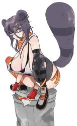  animal_ears animal_print bandana black_footwear breasts cleavage commentary cow_print english_commentary female fingerless_gloves full_body glasses gloves grey_hair grey_thighhighs hair_between_eyes highres indie_virtual_youtuber large_breasts long_bangs looking_at_viewer mismatched_thighhighs orange_bandana orange_thighhighs raccoon_ears raccoon_girl raccoon_tail red_gloves shoes short_hair simple_background sneakers snuffy_(vtuber) snuffy_(vtuber)_(smilfy) solo squatting tail thighhighs trash_can virtual_youtuber weeze white_background 