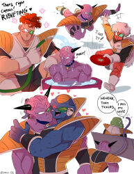  5boys :d ^_^ amiz06 armor artist_name bald biceps black_bodysuit black_horns black_nails blue_collar blue_skin blush blush_stickers bodysuit boots burter captain_ginyu closed_eyes collar collarbone colored_skin colored_tongue commentary couch dragon_ball dragon_ball_z english_commentary english_text facing_away fangs fingernails flower_(symbol) frisbee gloves green_skin guldo hand_up heart highres holding holding_hose horns hose hug jeice licking long_fingernails long_hair long_tongue low_ponytail male_focus motion_lines multiple_boys multiple_views muscular muscular_male on_couch open_mouth outstretched_arms partially_submerged pectorals ponytail purple_skin purple_tongue recoome red_eyes red_hair red_skin running saiyan_armor scouter sharp_fingernails short_hair short_sleeves simple_background sitting smile speech_bubble squatting teeth tongue tongue_out topless_male twitter_username upper_teeth_only vambraces water wet white_background white_footwear white_gloves white_hair 