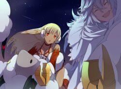  1boy altera_(fate) altera_the_santa_(fate) bare_shoulders bikini body_markings breasts choker closed_eyes dark-skinned_female dark_skin detached_sleeves earmuffs echo_(circa) fate/grand_order fate_(series) female hooded_robe looking_at_viewer medium_breasts meikai_no_merry_christmas merlin_(fate) mittens night night_sky open_mouth outdoors red_bikini red_eyes robe sheep short_hair sky smile swimsuit veil white_hair white_robe zerco_(fate) 