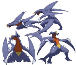  claws commentary_request garchomp highres morio_(poke_orio) multiple_views no_humans open_mouth outline pokemon pokemon_(creature) sharp_teeth simple_background spikes standing teeth tongue white_background 