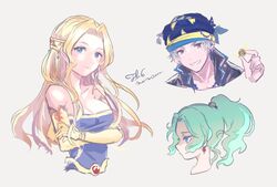  1boy 2girls bandana bare_shoulders blonde_hair blue_eyes breasts celes_chere chisora_(chisora_ra) closed_mouth collarbone commentary_request elbow_gloves final_fantasy final_fantasy_vi gloves green_hair highres jewelry locke_cole long_hair looking_at_viewer multiple_girls ponytail protected_link simple_background smile terra_branford 