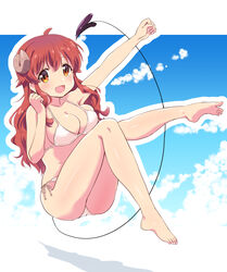  bare_arms bare_legs bare_shoulders barefoot bikini blush breasts brown_eyes brown_hair cleavage collarbone demon_girl demon_horns demon_tail feet female full_body hair_between_eyes halterneck highres horns large_breasts long_hair machikado_mazoku mukaibi_aoi oerba_yun_fang open_mouth shadow side-tie_bikini_bottom skin_fang smile soles solo string_bikini swimsuit tail toes white_bikini yoshida_yuuko_(machikado_mazoku) 