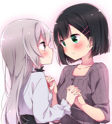  2girls aged_up amano_akari black_hair black_skirt blunt_bangs blunt_ends blush bob_cut commentary_request eye_contact from_side gradient_background green_eyes grey_hair hair_ornament hair_ribbon hairclip high-waist_skirt highres holding_hands interlocked_fingers long_hair long_sleeves looking_at_another multicolored_background multiple_girls neck_ribbon pink_background pink_eyes raised_eyebrows ribbed_sweater ribbon shirt sk02 skirt sleeves_pushed_up smile sophie_twilight sweater tonari_no_kyuuketsuki-san tress_ribbon upper_body very_long_hair white_background white_shirt yuri 