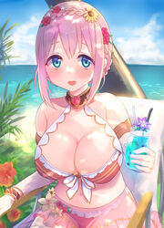  :d armlet bangle bare_shoulders bikini blue_eyes blush bracelet braid breasts brown_bikini chair cleavage commentary_request day female flower gucchiann hair_between_eyes hair_flower hair_ornament highres holding horizon jewelry large_breasts looking_at_viewer navel ocean on_chair open_mouth outdoors pillow pink_hair princess_connect! red_bikini red_flower red_rose rose short_hair sidelocks sitting smile solo sunflower sunflower_hair_ornament swimsuit teeth upper_teeth_only water yellow_flower yui_(princess_connect!) yui_(summer)_(princess_connect!) 