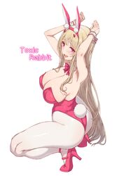  absurdres animal_ears arms_up bare_shoulders blonde_hair blush bow bowtie breasts cleavage detached_collar fake_animal_ears fake_tail female from_side goddess_of_victory:_nikke high_heels highres horns large_breasts leotard long_hair looking_at_viewer open_mouth pantyhose pink_eyes pink_horns pink_leotard playboy_bunny rabbit_ears rabbit_pose rabbit_tail smile solo squatting tail thighs viper_(nikke) viper_(toxic_rabbit)_(nikke) white_background white_pantyhose whoosaku wrist_cuffs 