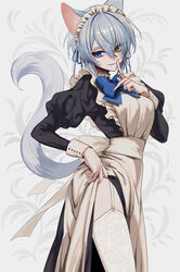  absurdres animal_ears apron black_dress blue_bow blue_eyes blue_hair bow breasts cat_ears cat_tail commentary_request dress female finger_to_mouth frills garter_belt grey_hair hair_between_eyes heterochromia highres itou_(very_ito) long_sleeves maid maid_apron maid_headdress medium_breasts original puffy_sleeves short_hair sidelocks simple_background skirt solo standing tail white_background white_garter_belt white_skirt yellow_eyes 