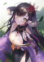  absurdres aya_(lezon) black_hair blurry blurry_background breasts female grass hair_ornament highres horns japanese_clothes large_breasts long_hair multicolored_hair o-ring slit_pupils solo streaked_hair tomocora virtual_youtuber yang_ling yellow_eyes 