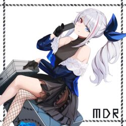  anizi asymmetrical_legwear bare_shoulders black_dress black_gloves blue_bow blue_eyes bow breasts briefcase cellphone character_name commentary_request cross cross_earrings dress earrings embroidery feet_out_of_frame female fishnet_thighhighs fishnets flip_phone girls&#039;_frontline gloves grey_hair hair_ornament heterochromia highres holding holding_phone jewelry leaning_to_the_side long_hair looking_at_viewer mdr_(cocktail_observer)_(girls&#039;_frontline) mdr_(girls&#039;_frontline) multicolored_hair off_shoulder official_alternate_costume phone pink_eyes ponytail ribbon shoes sidelocks simple_background single_thighhigh sitting smile solo streaked_hair thighhighs uneven_legwear white_background 