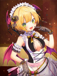  :d armlet blonde_hair breasts cleavage cleavage_cutout clothing_cutout female gloves green_eyes idolmaster idolmaster_cinderella_girls ju-zika maid_headdress miyamoto_frederica open_mouth pink_wings ribbon short_hair smile solo wings yellow_ribbon 