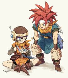  1boy artist_name bad_id bad_twitter_id bag bandana belt bike_shorts black-framed_eyewear black_belt black_footwear black_shirt black_shorts blue_eyes blue_tunic boots bracer brown_belt brown_headwear butterfly_sitting carrying chrono_trigger commentary crono_(chrono_trigger) female glasses grey_shirt grin hands_on_own_knees headband headset helmet holding holding_screwdriver hosodayo katana leaning_forward long_sleeves looking_at_another lucca_ashtear model_spacecraft one_eye_closed open_mouth orange_bandana orange_tunic pants pouch purple_hair red_hair satchel screwdriver shirt short_hair short_sleeves shorts signature sitting smile spiked_hair standing sword symbol-only_commentary weapon white_headband white_pants 