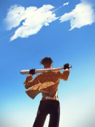  1boy back_peek back_tattoo baseball_bat belt black_belt black_gloves black_pants blue_background blue_sky bowl_cut brown_hair cho_(chorion) cloud from_behind from_below gloves highres holding holding_baseball_bat irezumi jacket long_sleeves majima_goro male_focus metal_baseball_bat pants print_jacket ryuu_ga_gotoku_(series) short_hair sky snake_print solo tattoo very_short_hair yellow_jacket 