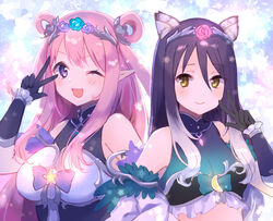  2girls ;d animal_ear_fluff animal_ears bare_shoulders black_dress black_gloves black_hair blue_flower blue_rose blush breasts brown_eyes closed_mouth commentary crescent crop_top dress elbow_gloves elf flower gloves glowing gucchiann hair_between_eyes hair_rings hand_up hatsune_(princess_connect!) highres long_hair looking_at_viewer medium_breasts multiple_girls one_eye_closed pink_flower pink_hair pink_rose pointy_ears princess_connect! purple_eyes purple_flower purple_rose rose shiori_(princess_connect!) siblings sidelocks sisters sleeveless sleeveless_dress small_breasts smile star_(symbol) tiger_ears tiger_girl upper_body very_long_hair w 