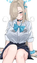  aqua_bow aqua_bowtie arm_support asuna_(blue_archive) asymmetrical_bangs black_bra black_choker black_skirt blue_archive blush bow bowtie bra bra_visible_through_clothes breasts choker commentary feet_out_of_frame female fingernails hair_over_one_eye halo highres large_breasts light_brown_hair long_bangs looking_at_viewer loose_bowtie nail_polish one_eye_covered open_collar school_uniform scrunchie shirt shirt_tucked_in simple_background sitting skirt solo steam sweat tented_shirt tsumayouji_(tumayog) underwear white_background white_shirt wrist_scrunchie 