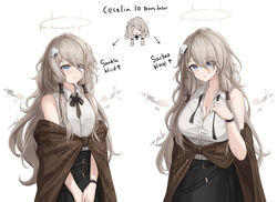  absurdres aged_up alternate_breast_size arknights bare_shoulders black_ribbon black_skirt blue_eyes blush breasts brown_shawl cecelia_(arknights) commentary detached_wings english_commentary english_text female flower gongbangmanchi_(daisy_cutter) hair_flower hair_ornament halo highres large_breasts light_brown_hair long_hair looking_at_viewer mini_wings neck_ribbon ribbon shawl shirt simple_background skirt sleeveless sleeveless_shirt smile solo white_background white_shirt wings 