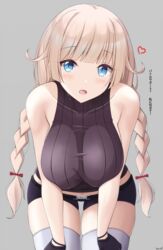  2b14_(girls&#039;_frontline) bare_shoulders belt bent_over blonde_hair blue_eyes blue_shorts blunt_bangs braid breasts breasts_squeezed_together collarbone covered_collarbone cowboy_shot female girls&#039;_frontline gloves grey_background hands_on_own_thighs hanging_breasts heart highres keenh large_breasts long_hair looking_at_viewer lowleg lowleg_shorts midriff navel open_mouth purple_sweater ribbed_sweater short_shorts shorts sideboob signature simple_background skindentation sleeveless sleeveless_sweater sleeveless_turtleneck slit_pupils solo sweater sweater_vest taut_clothes taut_sweater thigh_gap thighhighs thighs tight_top translated turtleneck twin_braids white_thighhighs wide_hips 