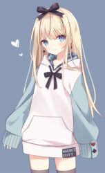  argyle black_bow black_thighhighs blonde_hair blue_background blue_eyes bow closed_mouth clothes_writing club_(shape) commentary_request cowboy_shot earrings english_text female hairbow heart heart_earrings hood hood_down hoodie hoshi_(snacherubi) jewelry long_hair long_sleeves looking_at_viewer original puffy_long_sleeves puffy_sleeves simple_background sleeves_past_fingers sleeves_past_wrists smile solo spade_(shape) spade_earrings thighhighs very_long_hair white_hoodie 