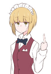  ame_(amechan17391739) bad_id bad_pixiv_id blonde_hair bow bowtie censored commentary cutlass_(girls_und_panzer) empty_eyes female girls_und_panzer highres jitome maid_headdress middle_finger mosaic_censoring short_hair simple_background solo upper_body vest white_background 