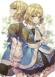  2girls arm_warmers bad_id bad_twitter_id blonde_hair blush brown_dress doppelganger dress evil_smile flower green_eyes hand_up highres holding_hands looking_at_viewer misha_(hoongju) mizuhashi_parsee multiple_girls pointy_ears sash scarf smile touhou wavy_hair white_background 