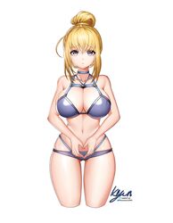  :&lt; absurdres artist_name bikini blonde_hair blue_eyes breasts cleavage cropped_legs female habetrot_(last_origin) hair_between_eyes hair_bun highres korean_commentary kyunkyun1945 large_breasts last_origin navel official_alternate_costume pout signature simple_background single_hair_bun solo swimsuit twitter_username white_background wide_hips 