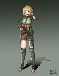  absurdres aks-74u artist_name assault_rifle bike_shorts blonde_hair blue_eyes breasts chest_harness dated elf female full_body gloves gun harness headset highres kalashnikov_rifle kyunkyun1945 large_breasts military military_uniform original pointy_ears rifle shadow signature solo spats_(footwear) twitter_username uniform weapon 