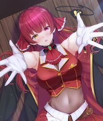  ascot breasts cleavage commentary crop_top eyepatch female gloves hair_ribbon heterochromia highres hololive houshou_marine houshou_marine_(1st_costume) large_breasts leotard leotard_under_clothes long_hair looking_at_viewer lying on_back open_mouth outstretched_arms primamiya red_ascot red_eyes red_hair ribbon see-through see-through_cleavage see-through_leotard sleeveless solo twintails unworn_eyepatch virtual_youtuber white_gloves wooden_floor yellow_eyes 