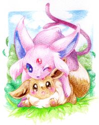  3_toes ambiguous_gender black_nose blue_eyes blue_inner_ear blue_nose blush border brown_body brown_eyes brown_fur brown_inner_ear brown_nose brown_tail cloud crayon_(artwork) dipstick_tail duo eevee eeveelution espeon feet feral forehead_gem forked_tail front_view fur fuuji15 gem generation_1_pokemon generation_2_pokemon grass head_tuft leaf licking licking_another licking_partner long_tail looking_at_another looking_at_partner looking_at_viewer lying mammal markings multicolored_body multicolored_fur multicolored_tail neck_tuft nintendo no_sclera on_front on_ground on_top one_eye_closed open_mouth outside pawpads paws pink_pawpads plant playful pokemon pokemon_(species) purple_body purple_ears purple_fur purple_tail quadruped shrub simple_background sky tail tail_markings tan_body tan_ears tan_fur tan_tail toes tongue tongue_out traditional_media_(artwork) tuft two_tone_body two_tone_fur unusual_anatomy unusual_tail white_border 