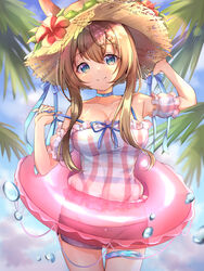  amiya_(arknights) animal_ears arknights bare_shoulders blue_eyes blue_sky breasts brown_hair cleavage commentary cowboy_shot day detached_sleeves ears_through_headwear female flower hair_between_eyes hands_up hat hat_flower hibiscus highres innertube jewelry long_hair looking_at_viewer medium_breasts neck_ring outdoors pink_shirt poe_(528yuzunon) puffy_short_sleeves puffy_sleeves rabbit_ears red_flower shirt short_shorts short_sleeves shorts sky smile solo standing strap_pull sun_hat swim_ring thighlet water_drop 