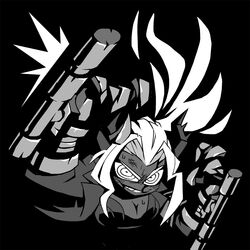  arms_up black_background breasts cleavage commentary dark-skinned_female dark_skin demon_girl demon_horns demon_tail english_commentary female greyscale helltaker holding holding_weapon horns injury judgement_(helltaker) looking_at_viewer monochrome shirt simple_background solo sweat tail teeth vanripper weapon 