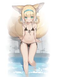  alternate_costume animal_ear_fluff animal_ears arknights bare_arms bare_legs bare_shoulders bikini black_bikini blonde_hair blue_hairband blue_ribbon blush cameltoe closed_mouth commentary_request female flat_chest fox_ears fox_girl fox_tail from_above front-tie_bikini_top front-tie_top green_eyes groin hagi_(ame_hagi) hair_ribbon hair_rings hairband halterneck highres long_hair looking_at_viewer material_growth multiple_tails navel oripathy_lesion_(arknights) paid_reward_available partial_commentary partially_submerged pool poolside ribbon side-tie_bikini_bottom sitting soaking_feet solo string_bikini suzuran_(arknights) swimsuit tail thigh_gap water 