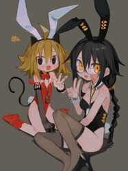  2girls ahoge alternate_costume animal_ear_hairband animal_ears arm_support bandaid bandaid_on_face bandaid_on_hand black_eyes black_hair black_leotard blonde_hair bow bowtie braid breasts brown_thighhighs cat_ear_hairband cat_ears cat_tail commentary_request detached_collar dog_tags elbow_gloves fake_animal_ears fake_tail flat_chest flipped_hair gloves grey_background hairband hand_up high_heels highleg highleg_leotard highres knee_up kokaki_mumose leotard long_hair looking_at_viewer medium_breasts medium_hair multicolored_eyes multiple_girls null-meta open_mouth playboy_bunny rabbit_ears rabbit_tail red_bow red_bowtie red_eyes red_leotard red_socks simple_background single_elbow_glove single_wrist_cuff sitting smile socks souen_chiaki tail thighhighs uozumi_kurumi v w wariza wrist_cuffs yellow_eyes 