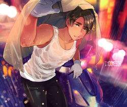  1boy axis_powers_hetalia black_pants blurry blurry_background brown_eyes brown_hair character_name dark-skinned_male dark_skin gloves himaruya_hidekazu indonesia_(hetalia) jacket jacket_over_head lens_flare looking_at_viewer male_focus motor_vehicle motorcycle open_mouth pants pectoral_cleavage pectorals photo_background rain shirt smile unworn_jacket wet wet_clothes wet_shirt white_gloves white_shirt 