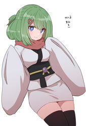  black_thighhighs blue_eyes borrowed_character breasts bright_pupils closed_mouth cowboy_shot female green_hair hair_ornament hairclip medium_breasts miniskirt obi original pencil_skirt red_scarf sash scarf simple_background skirt smile solo standing sumiyao_(amam) thighhighs white_background white_pupils wide_sleeves yunomiya_agari 