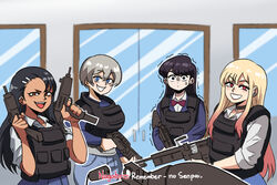  4girls :d assault_rifle black_eyes black_hair blonde_hair blue_eyes blue_pants blue_shirt blue_skirt blurry blurry_background blush bow bowtie brown_eyes bullet bulletproof_vest call_of_duty call_of_duty:_modern_warfare_2 choker combat_shirt crossover dark-skinned_female dark_skin door dual_wielding earrings glass grey_hair gun hair_between_eyes hair_ornament hairclip highres holding holding_gun holding_weapon ijiranaide_nagatoro-san itan_private_high_school_uniform jewelry kitagawa_marin komi-san_wa_komyushou_desu komi_shouko load_bearing_vest long_hair long_sleeves looking_at_viewer m240 m4_carbine machine_gun meme multicolored_hair multiple_crossover multiple_girls nagatoro_hayase nervous no_russian_(meme) oerba_yun_fang open_mouth pants parody pov pump_action red_bow red_bowtie red_eyes rifle scene_reference school_uniform shirt shotgun skin_fang skirt smile sono_bisque_doll_wa_koi_wo_suru spas-12 submachine_gun subtitled sweatdrop teeth tina_fate trembling uzaki-chan_wa_asobitai! uzaki_hana uzi v-shaped_eyebrows weapon white_shirt 