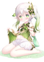  :o bare_shoulders barefoot blush braid clothes_lift commentary_request dress dress_lift female full_body genshin_impact green_eyes green_hair hair_ornament hands_up highres lifting_own_clothes looking_at_viewer nahida_(genshin_impact) navel on_grass parted_lips pointy_ears renew_vivi short_shorts shorts side_ponytail sitting soles solo wariza white_background white_dress white_hair white_shorts 